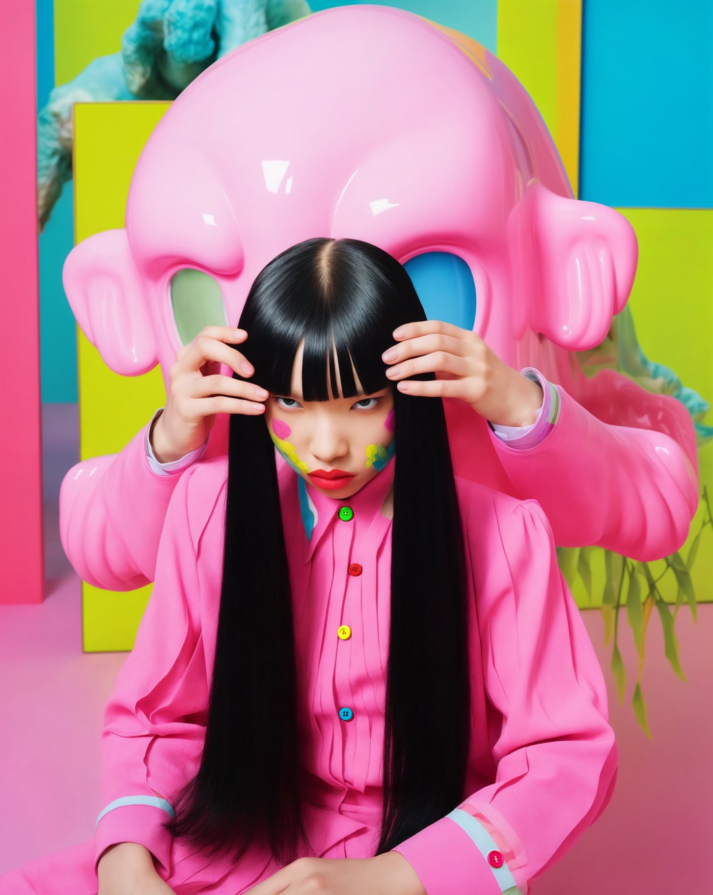 Woman with long black hair in a pink shirt in front of a giant glossy pink sculpture in a colourful set