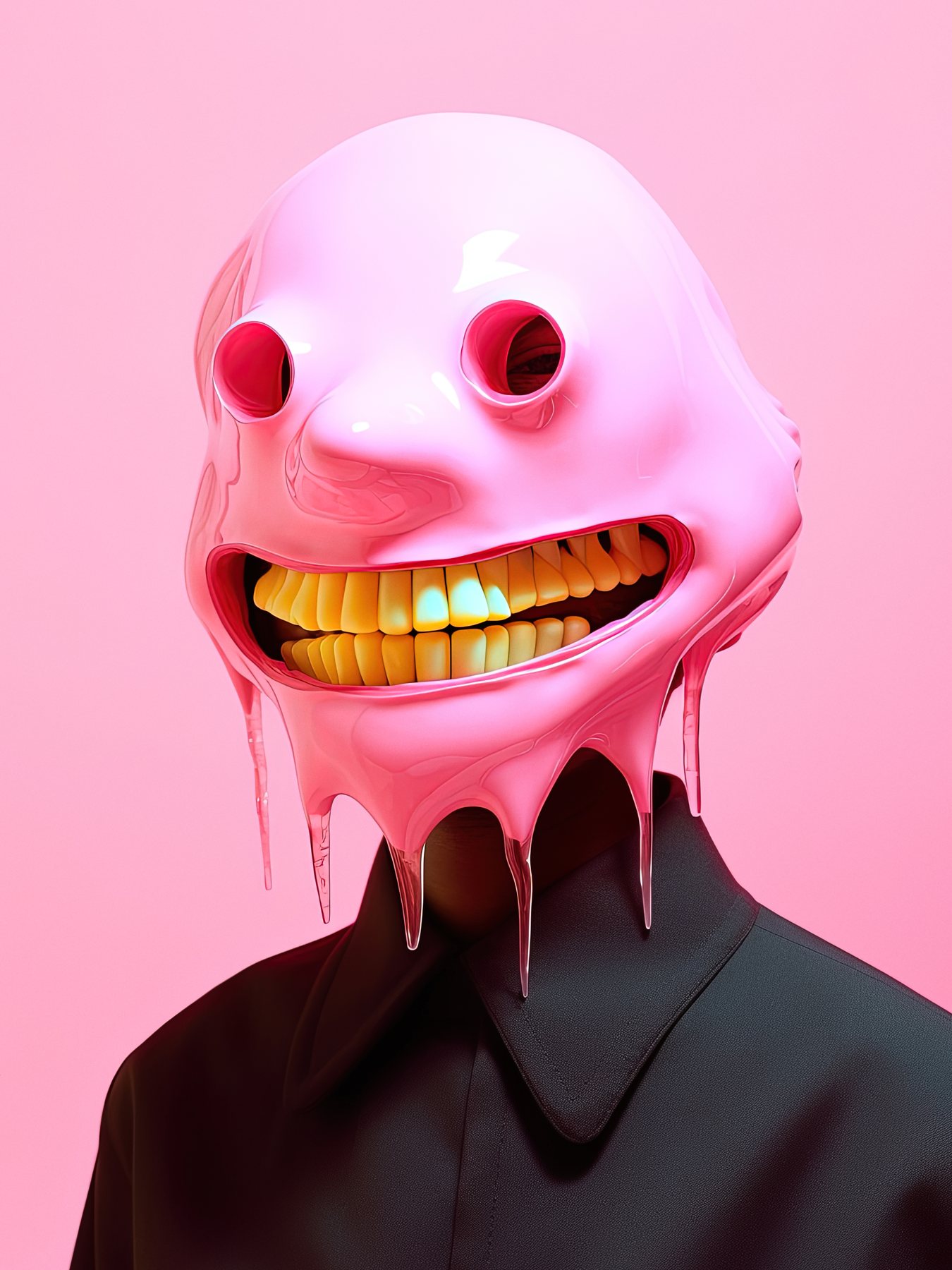 Figure with a melting glossy pink bubblegum head and a wide yellow grin against a pink background