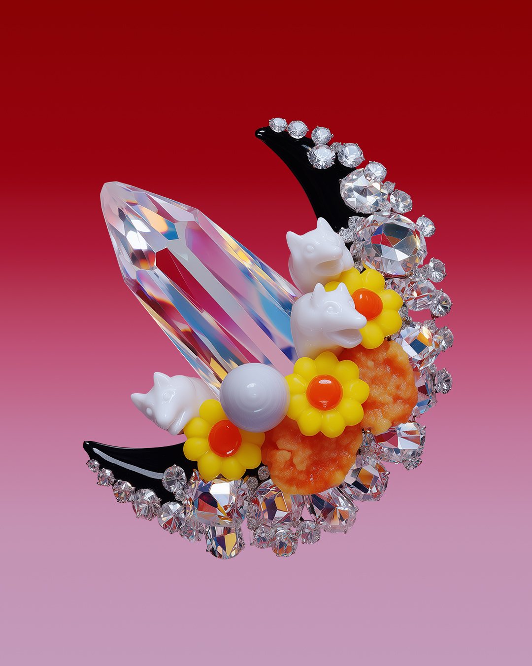 Brooch-like sculpture of a large crystal, white animal figures, yellow flowers and rhinestones on a red-to-pink gradient