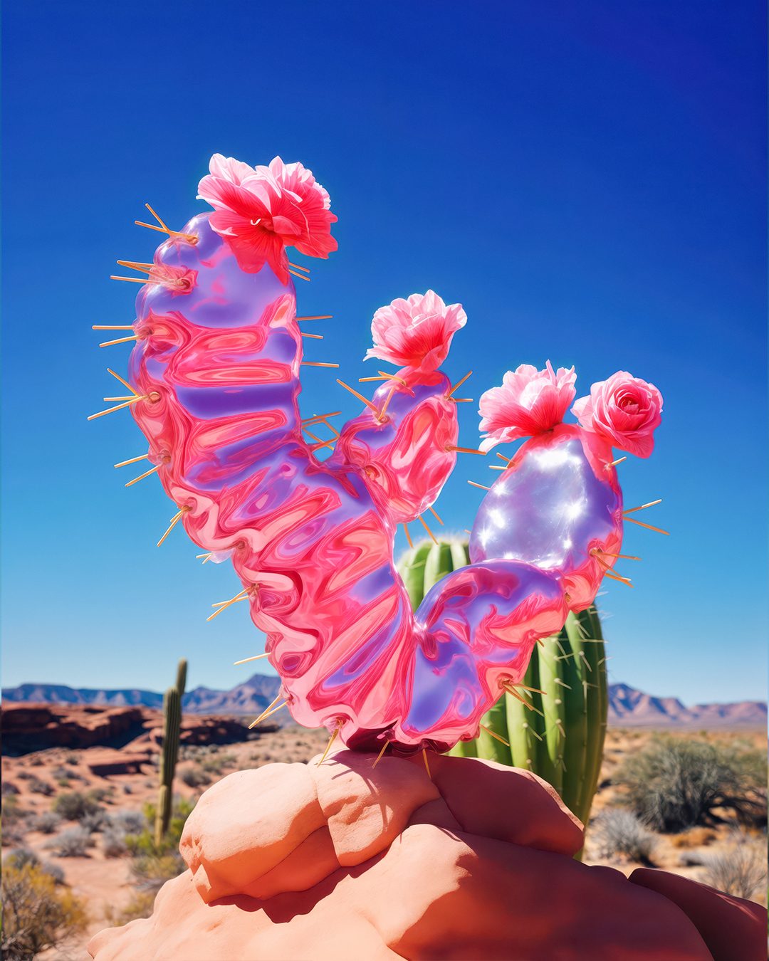 Glossy pink cactus with roses on a desert rock